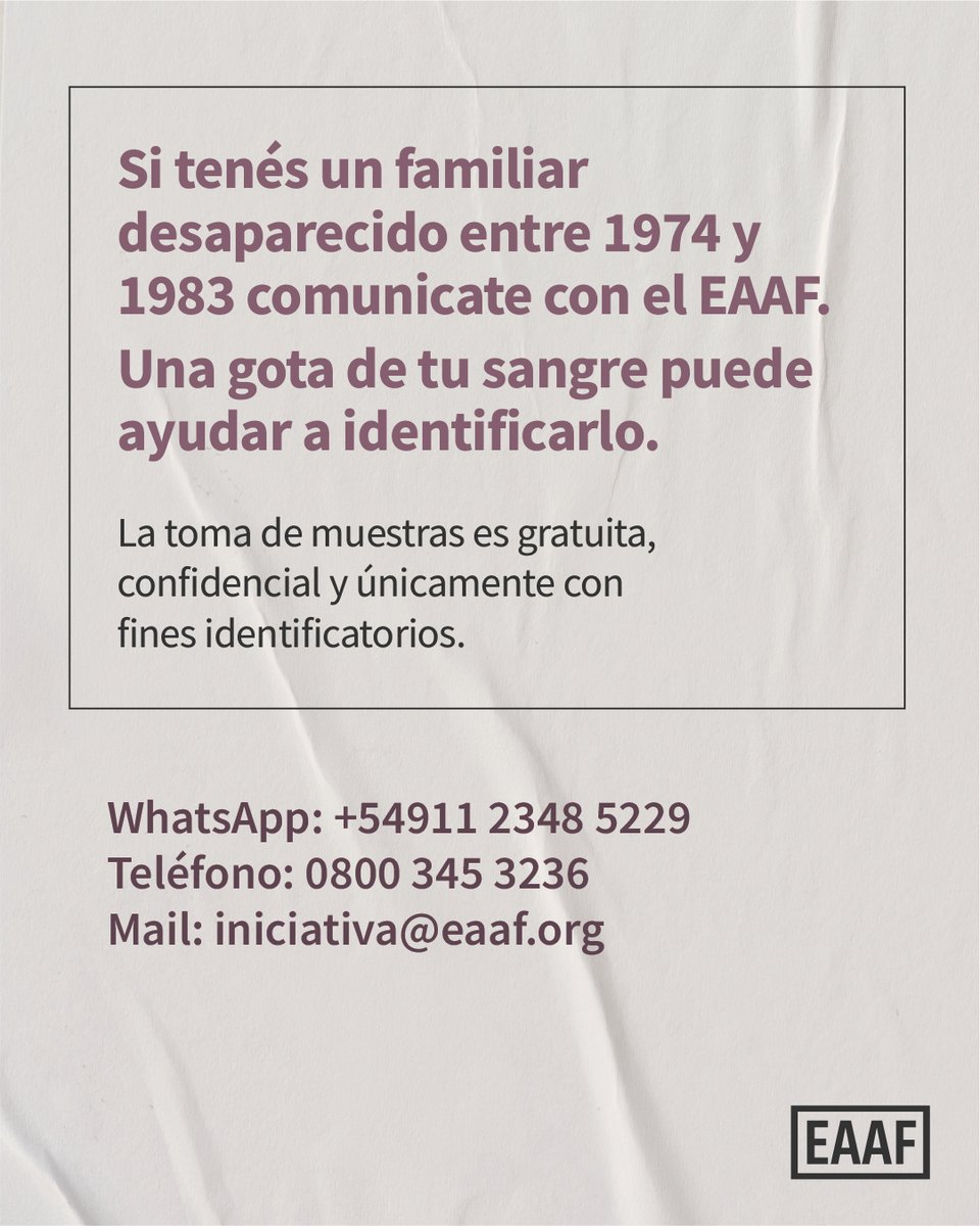 eaafoficial's tweet photo. 🇦🇷 Carlos Simón Poblete fue identificado genéticamente por el EAAF. Carlos había sido secuestrado en abril de 1977 en Córdoba a los 33 años junto a su esposa, María Del Carmen Moyano. Fue inhumado sin identidad en el Cuadro 33 del Cementerio Municipal de Mendoza. 

El cuerpo de Carlos fue exhumado por el EAAF en 2010 y la identificación fue posible gracias a que su hija, Miriam Fernández, se acercó este año a aportar su muestra de sangre. 

Entre 2010 y 2015, el EAAF realizó exhumaciones arqueológicas en el Cuadro 33, que había sido utilizado para la inhumación de personas sin identidad durante la dictadura. Las tareas se organizaron en varias etapas, durante las cuales se trabajó en 250 sepulturas. La investigación se completó con el análisis antropológico de cientos de cuerpos recuperados para seleccionar los que presentaban características que podrían corresponder a personas desaparecidas. El trabajo se realizó con el apoyo de la Facultad de Filosofía y Letras de la Universidad Nacional de Cuyo, el Movimiento Ecuménico de Mendoza y de familiares de personas desaparecidas en Mendoza. 

Con la identificación de Carlos, ya son cuatro las personas identificadas en el Cementerio de Mendoza: tres personas cuyos cuerpos fueron recuperados allí, y una persona identificada a través de sus huellas dactilares y la reconstrucción documental. 

Si tenés un familiar desaparecido entre 1974 y 1983 comunicate con el EAAF. 

Una gota de tu sangre puede ayudar a identificarlo. 

La toma de muestras es gratuita, confidencial y únicamente con fines identificatorios.  

WhatsApp: +54911 2348 5229.  

Teléfono: 0800 345 3236.  

Mail: iniciativa@eaaf.org 

#Mendoza #Identificación #Genética #Forense #DerechosHumanos