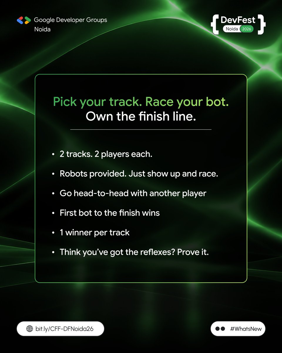 gdg_noida's tweet photo. Ready to race? π€π
Two players. Two robots. One winner. β‘
The Robo Track Battle brings speed, control, strategy, and chaos to DevFest Noida 2026.
π’ Team Speed or π₯ Team Strategy? Pick your side!
#DevFestNoida #GDGNoida #RoboTrackBattle #DevFest2026 #WhatsNew https://t.co/MYd7mPT7Zq