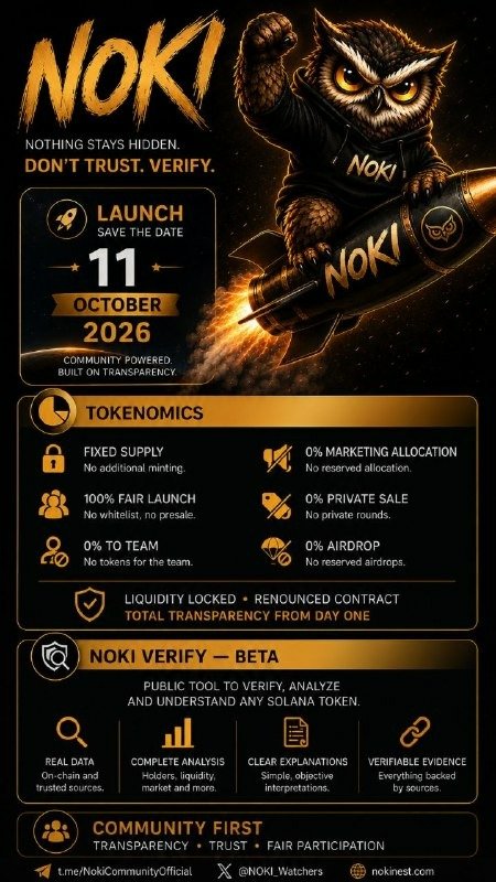 mohammedArabmkt's tweet photo. Building the project,before the token.
Nothing Stays Hidden. Don't Trust. Verify.
$NOKI Launch Coming Soon. 🔜
🚀 Launch: 11 October 2026.
📊 Tokenomics: Fixed supply, 100% fair launch, 0% team, 0% marketing, 0% private sale, 0% airdrop.
🔒 Liquidity locked &amp; contract renounced. https://t.co/6RFcluTVKt