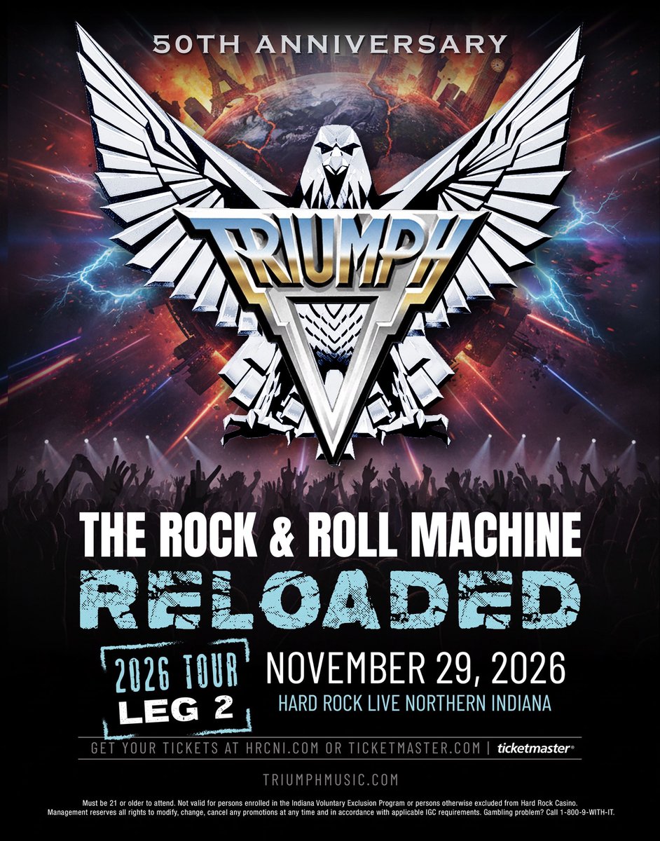 TriumphTheBand's tweet photo. NEW DATE ADDED: INDIANA! The Rock &amp; Roll Machine is coming to Gary, IN at the Hard Rock Live Northern Indiana on November 29th. 

TICKET PRESALE: Today, October 1st, at 11am CT with the code RELOADED 
GENERAL ON-SALE: Friday October 2nd at 10am CT 

https://t.co/rRC2jHETQH https://t.co/JrMEUsGOQr