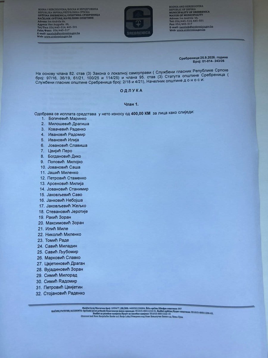 suljagicemir1's tweet photo. Načelnik Srebrenice podijeli 35k maraka odlukom, bez javnog poziva, bez kriterija, u krajem septembra za navodnu manifestaciju održanu u julu. Znate odakle neće dobiti poziv: iz tužilaštva u Bijeljini i policije u Zvorniku. I ja da ih smatram legitimnim institucijama? Kačite vi to mačku o rep.