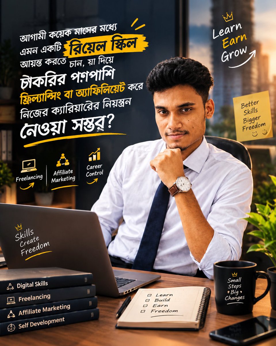 faisalHconnect's tweet photo. আগামী কয়েক মাসে একটি রিয়েল স্কিল আয়ত্ত করুন — নিজের ক্যারিয়ারের নিয়ন্ত্রণ নিজের হাতে নিন
চাকরি আছে, কিন্তু মনে হচ্ছে সবকিছু অন্যের হাতে? বেতন বাড়বে কবে, প্রমোশন হবে কি না, চাকরি থাকবে কি না, সবই অনিশ্চিত। এই অনিশ্চয়তা থেকে বের হওয়ার সবচেয়ে বাস্তব পথ হলো এমন একটি স্কিল... https://t.co/Y311ZsdsiD