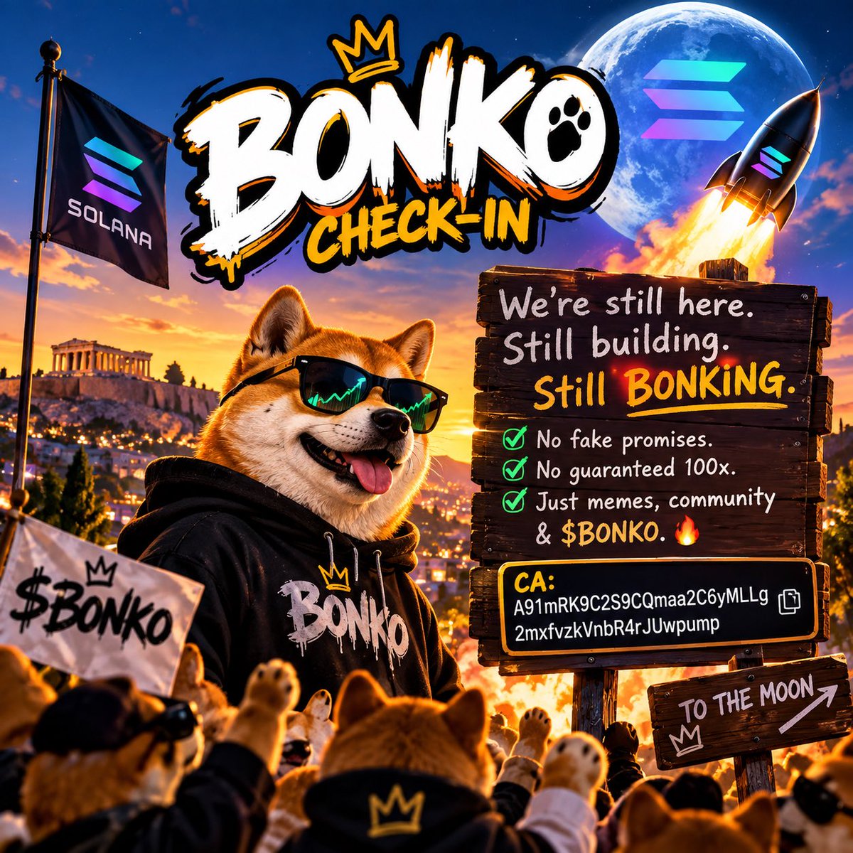 4BONKO's tweet photo. 🐶 BONKO CHECK-IN

We’re still here. Still building. Still BONKING.

Day by day, one holder at a time.

No fake promises. No guaranteed 100x. Just memes, community &amp; $BONKO. 🔥

Who’s here early? 👀

CA: A91mRK9C2S9CQmaa2C6yMLLg2mxfvzkVnbR4rJUwpump

#BONKO #Solana #Memecoin https://t.co/FkieKi3KCl