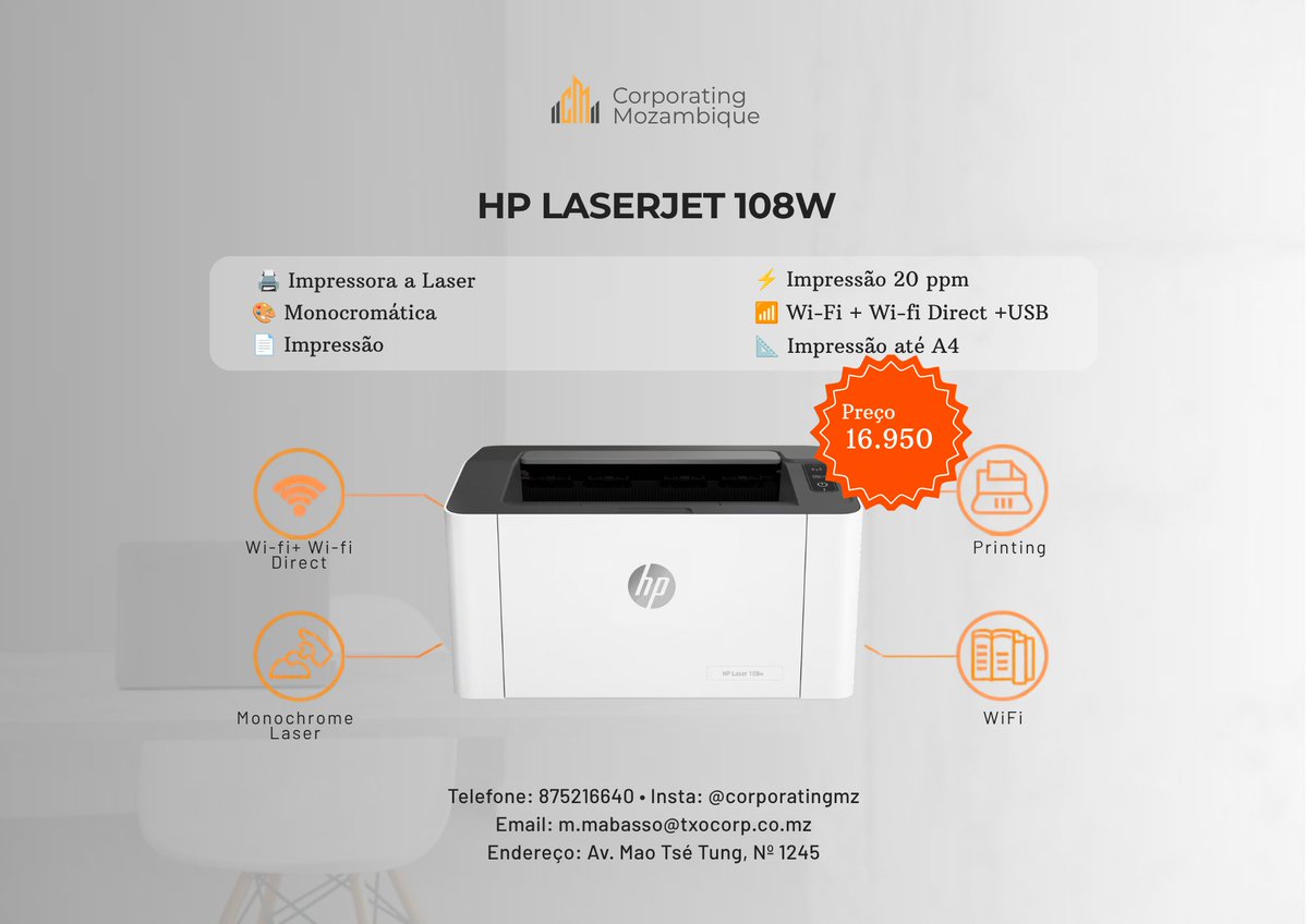 CorporatingMz's tweet photo. 🖨️ HP LaserJet 108w
Impressora laser compacta! 💪
✅ Monocromática
⚡ 20 ppm
📶 Wi-Fi + Wi-Fi Direct + USB
💰 16.950 MT
🖋️ Toner: HP 106A
📍 Av. Mao Tsé Tung, Nº 1245 | 📞 875216640 | 📸 @corporatingmz https://t.co/qRlpfulQ32