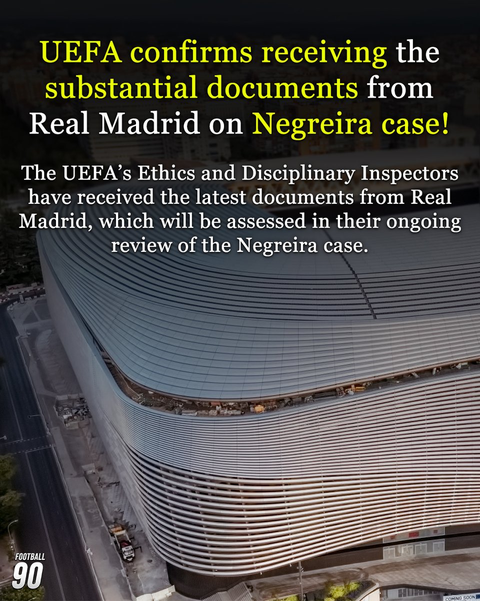 football90globl's tweet photo. 🚨 OFFICIAL: UEFA confirms receiving the substantial documents from Real Madrid related to the matter involving José María Enríquez Negreira.
👉 UEFA made an official statement on the matter, which is undergoing investigation.
#NegreiraCase #RealMadrid #Barcelona #UEFA #LaLiga https://t.co/aEfOYJAicp