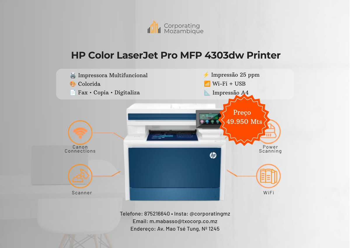 CorporatingMz's tweet photo. 🖨️ HP Color LaserJet Pro MFP 4303dw
Alta produtividade para empresas! 💪
✅ Colorida
⚡ 25 ppm
📶 Wi-Fi + USB
🔍 Fax • Copia • Digitaliza
💰 49.950 MT
🖋️ Toner: HP 216A
📍 Av. Mao Tsé Tung, Nº 1245 | 📞 875216640 | 📸 @corporatingmz https://t.co/E5oE8piYQv
