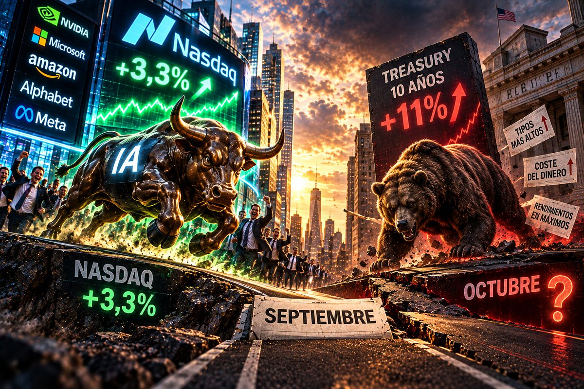 WStreet_Insider's tweet photo. Septiembre no rompió la bolsa. La puso a prueba.

El Treasury a 10 años subió un 11% en septiembre y el Nasdaq ganó un 3,3%.

El dinero se encareció, pero el mercado siguió pagando por la IA.

La bolsa resistió. Octubre dirá si era fortaleza… o simplemente retraso.

#IA #bolsa https://t.co/nWjAFUiPIT