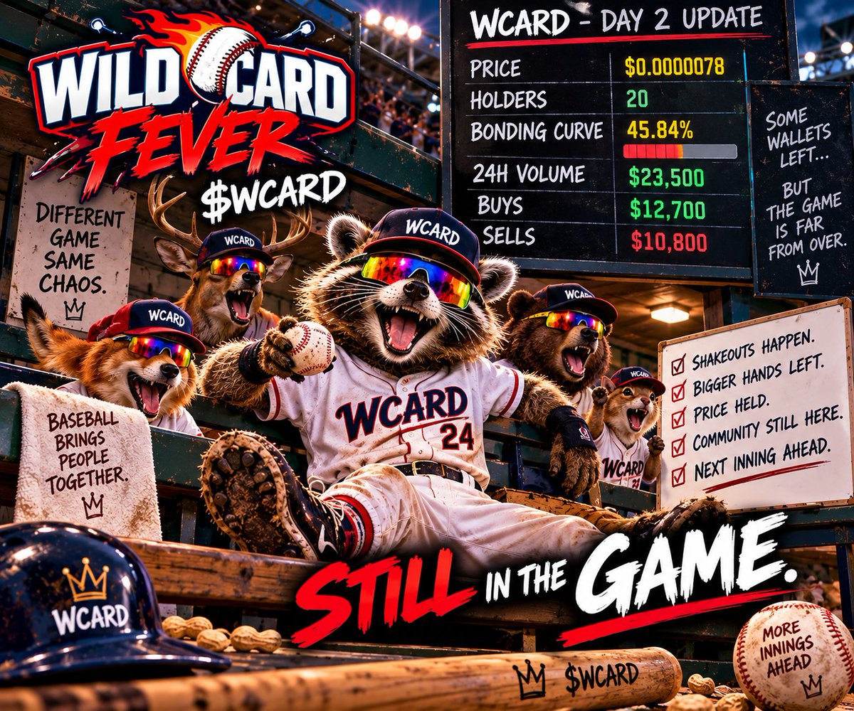 WildCardFever's tweet photo. ⚾🃏 DAY 2: WELCOME TO THE WILD CARD.

Yesterday: everybody stormed the stadium.
Overnight: a few whales headed for the exits. 🐋😂

And somehow we're still here:
🔥 $23.5K 24H volume
🟢 $12.7K buys
🔴 $10.8K sells
⚾ 45%+ through the curve

Nobody said postseason baseball was supposed to be relaxing.

NO BRACKETS.
NO GUARANTEES.
JUST CHAOS.

THE WILD CARD IS WILD. ⚾🃏🔥
$WCARD

CA: C812tXWmzQc6LsYJqJQTRWY3A2r924ZCXbWkSshnpump

#WCARD #WildCardFever #Solana