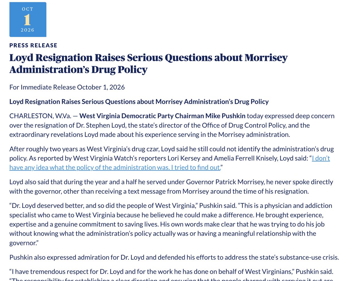 wvdemocrats's tweet photo. Director Dr. Loyd Resigns; Raises Serious Questions about Morrisey Administration's Drug Policy ⬇️

"WV can't afford to have its drug czar saying that he tried to find out what the administration’s policy was for two years but never learned it. The stakes are simply too high." https://t.co/GvRK6OaJlU