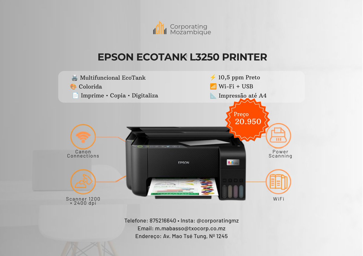 CorporatingMz's tweet photo. 🖨️ Epson EcoTank L3250
Multifuncional EcoTank econômica! 💪
✅ Colorida
⚡ 10,5 ppm Preto
📶 Wi-Fi + USB
🔍 Scanner 1200×2400 dpi
💰 20.950 MT
🖋️ Tinta: Epson 544
📍 Av. Mao Tsé Tung, Nº 1245 | 📞 875216640 | 📸 @corporatingmz https://t.co/KAQenzIOll