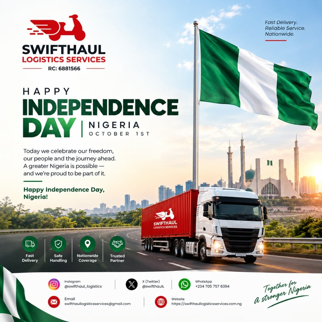 SwifthaulL's tweet photo. HAPPY 66th INDEPENDENCE DAY, NIGERIA 🇳🇬

At Swifthaul Logistics, we are proud to be part of a nation that keeps moving forward. Just like our great country, we are committed to progress, unity and delivering excellence.

From Ilorin to every corner of Nigeria, we move with pride https://t.co/UFr42ejToW