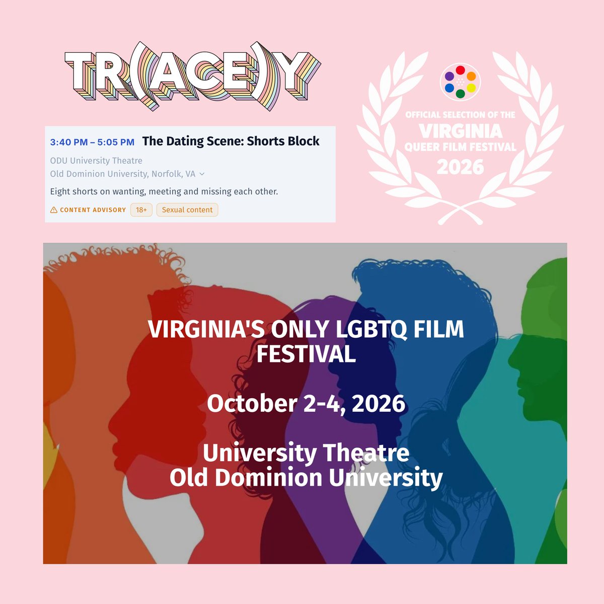 TraceyShortFilm's tweet photo. Tr(ace)y will screen at #VirginiaQueerFilmFestival at 3:40pm in the "The Dating Scene" block on Saturday, October 3rd! 💜
Festival Dates & Location:
October 2-4th
Old Dominion University Theater
4600 Hampton Blvd, Norfolk, VA 23508
#asexual #film #ace #filmfest https://t.co/pDKyO4nBwn