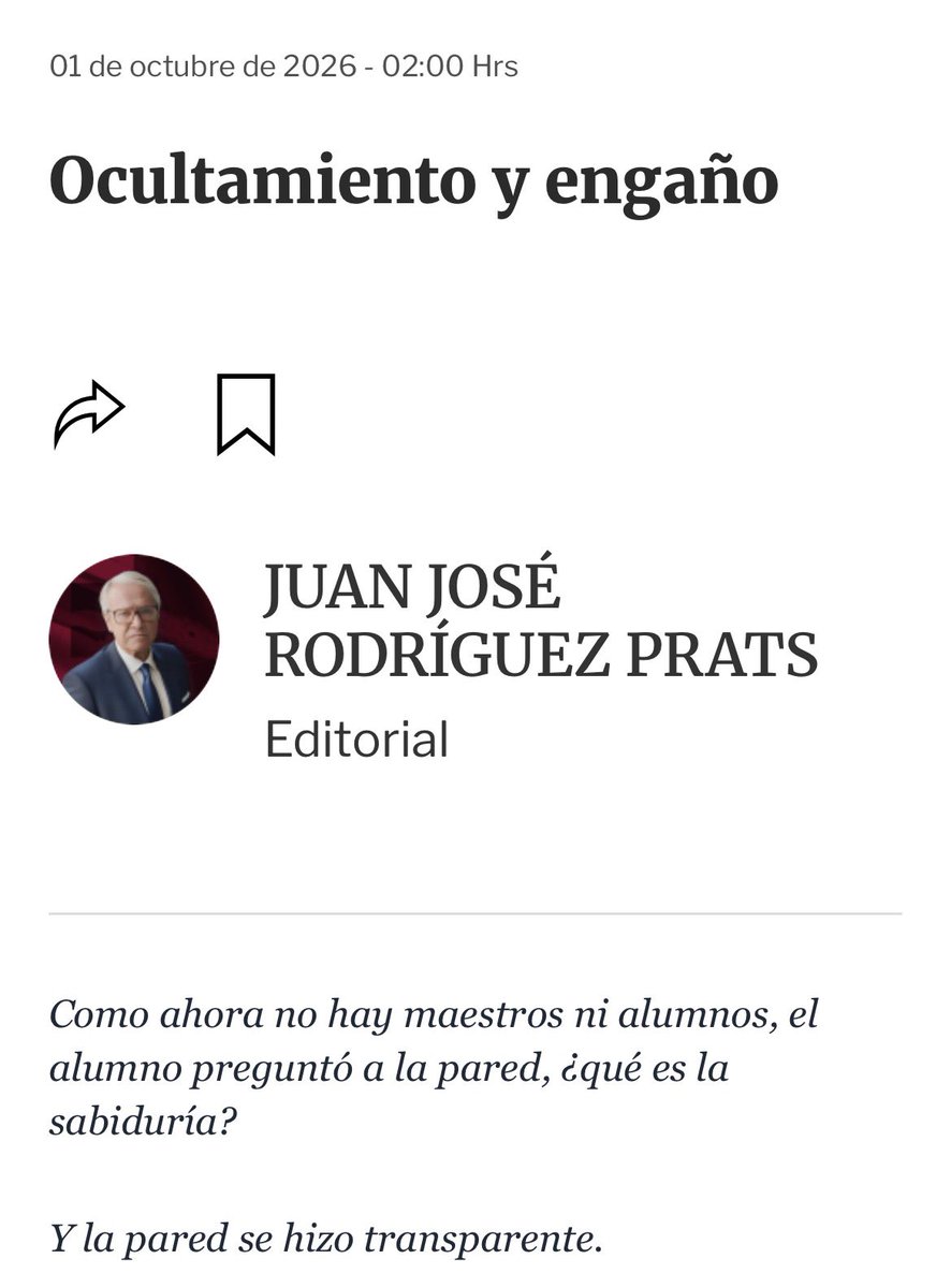 rodriguezprats's tweet photo. #BuenosDías

Hoy en @Excelsior
#politicadeprincipios

 Ocultamiento y engaño

Como ahora no hay maestros ni alumnos, el alumno preguntó a la pared, ¿qué es la sabiduría? Y la pared se hizo transparente.

https://t.co/7nytNh7ZEb https://t.co/EhmoiDTZnb