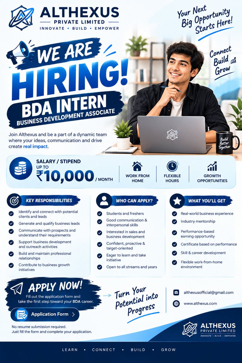 Althexus's tweet photo. 🚀 WE ARE HIRING | BDA INTERN | ALTHEXUS PRIVATE LIMITED

🔗 Application Form:
https://t.co/TzPIXtHtCf

#Althexus #WeAreHiring #BDAIntern #BusinessDevelopmentAssociate #BusinessDevelopmentIntern #HiringAlert #InternshipOpportunity #WorkFromHome #RemoteInternship #PaidInternship https://t.co/ORNiKEooxg