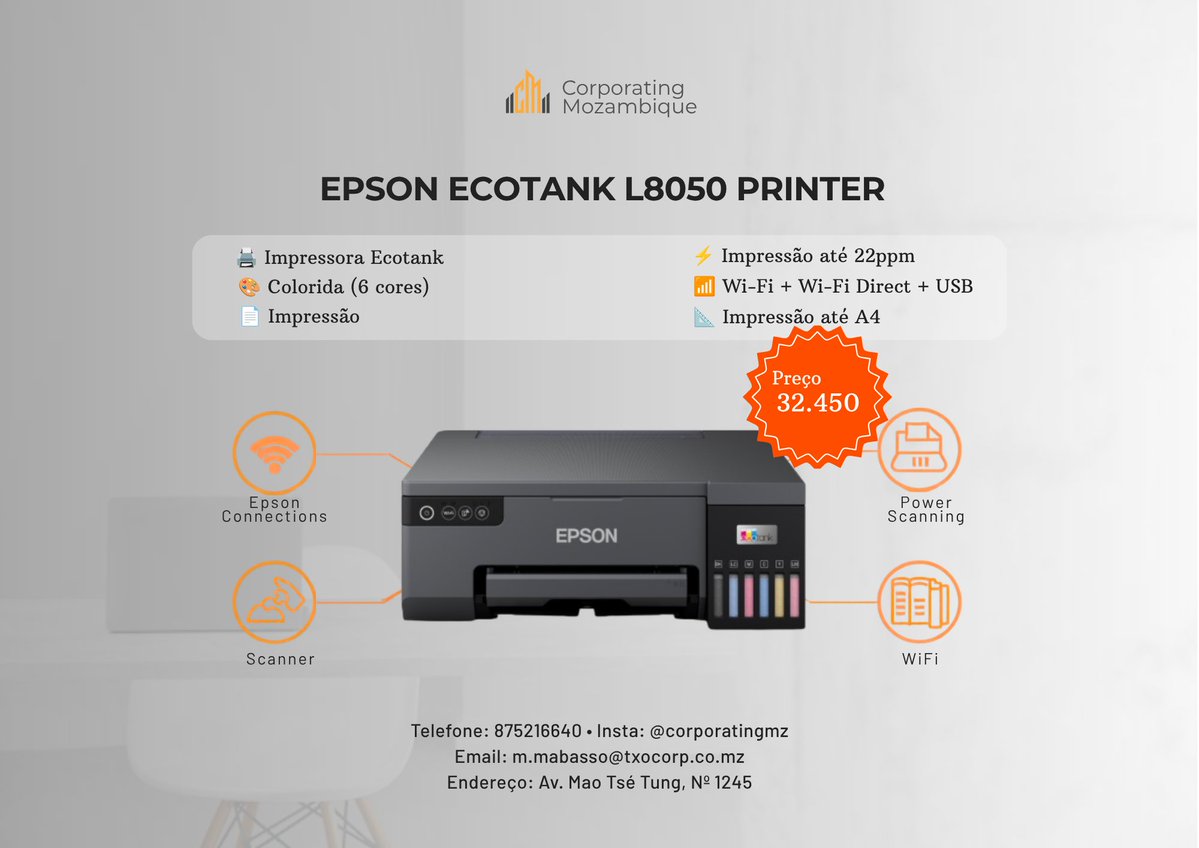 CorporatingMz's tweet photo. 🖨️ Epson EcoTank L8050
Impressão fotográfica de alta qualidade! 💪
✅ Colorida (6 cores)
⚡ até 22 ppm
📶 Wi-Fi + Wi-Fi Direct + USB
💰 32.450 MT
🖋️ Tinta: Epson 003/664
📍 Av. Mao Tsé Tung, Nº 1245 | 📞 875216640 | 📸 @corporatingmz https://t.co/CIA37vtNTf