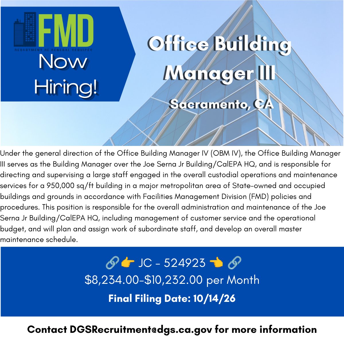 CalifDGS's tweet photo. As the Office Building Manager for the 950,000 sq. ft. Joe Serna Jr. Building/CalEPA HQ, you’ll direct large teams, elevate custodial and maintenance operations, drive customer service excellence, and steward the building’s operational budget.
https://t.co/SDM8PA8vQU https://t.co/hTkvIla9rz