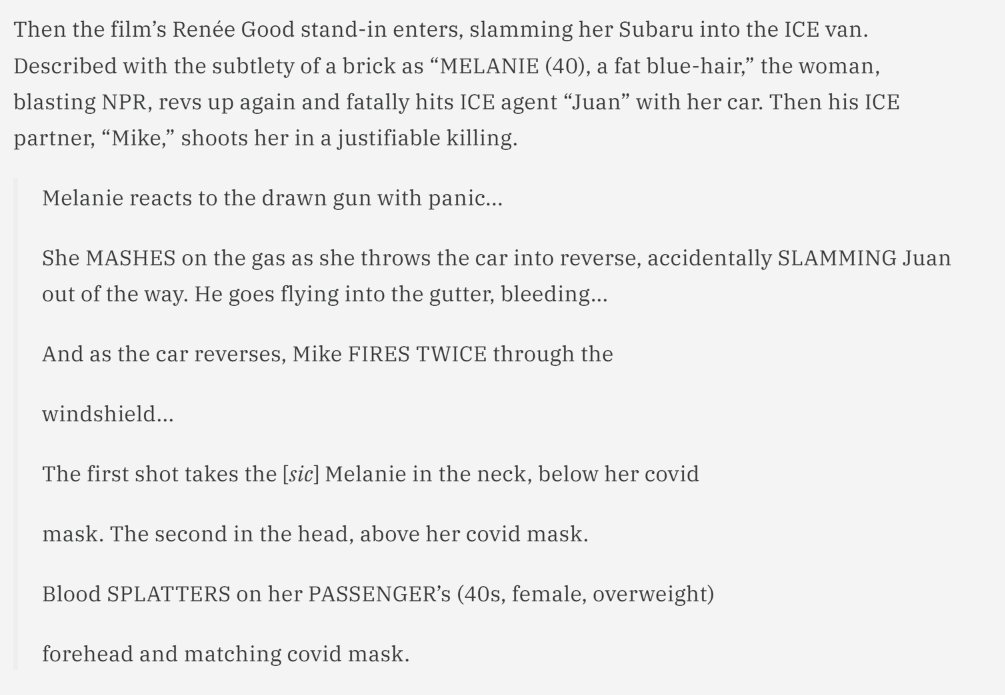 emeriticus's tweet photo. Renee Good didn't slam her car into anyone or send somebody "flying" before she was killed by ICE agent Jonathan Ross after dropping her six-year-old off at school. But Daily Wire is making a movie in which an actor portraying her does all that to paint a dead mother in the worst light possible. Daily Wire is filled with people who constantly lament the decline of morality and decency in public life, but no one, no one today contributes more to that problem than the right. No one is happier to hate and slander their neighbor in the vilest terms than the modern right-winger.