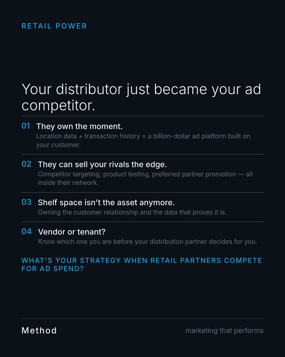 AliveMethod's tweet photo. Your distribution partner just became your ad competitor.

McDonald's is launching a retail media network, turning their location data and customer transaction history into a billion-dollar ad platform. This isn't new, Walmart, Target, Amazon have been doing it for years. But https://t.co/zYmVxXNlQ2