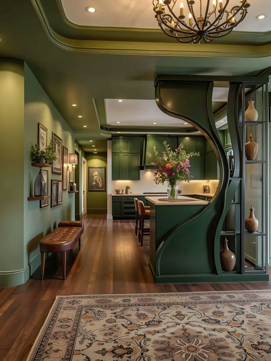aurearch's tweet photo. Deep green walls, the warmth of herringbone parquet, and the flow of a stately period home unfolding behind classic arches. https://t.co/UcbUt3EVKq