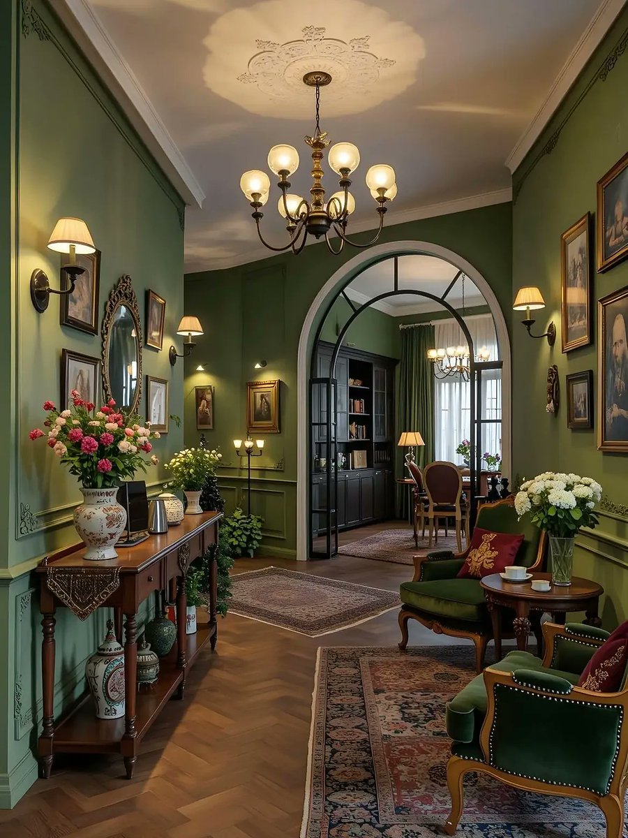 aurearch's tweet photo. Deep green walls, the warmth of herringbone parquet, and the flow of a stately period home unfolding behind classic arches. https://t.co/UcbUt3EVKq