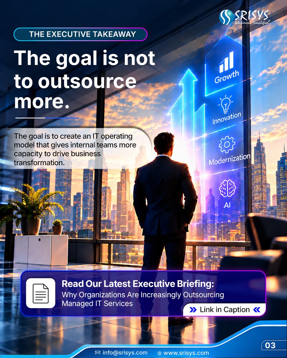 srisysinc's tweet photo. Is your IT operating model creating capacity for transformation, or consuming it? Managed IT Services can help internal teams focus on strategy, innovation, AI, &amp; growth. 
 Read our latest Executive Briefing. https://t.co/qz0eAOstcs
 
#ManagedIT #ITStrategy #DigitalTransformation https://t.co/NFcgl2Cm70