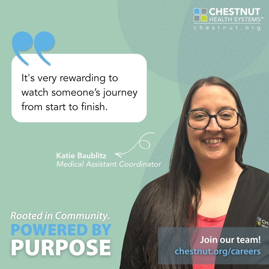 ChestnutHealth's tweet photo. For Katie, being a Medical Assistant Coordinator at Chestnut means supporting patients, collaborating with clinical teams, and making a difference every day. Read her story and explore careers at Chestnut: https://t.co/L72uQYH3em #MakingADifference #PoweredByPurpose #Careers https://t.co/Zfnfc42FhW