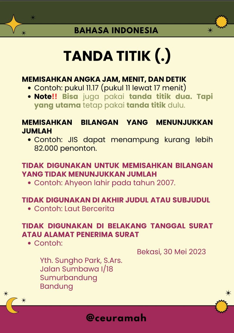 latsolyuk's tweet photo. Drive materi penggunaan tanda baca sesuai EYD

✒️ titik &amp; koma
https://t.co/EBgS4caHY6
✒️ titik koma &amp; titik dua
https://t.co/wrCvnoN0Md
✒️ hubung &amp; pisah
https://t.co/kdD99jEKTh
✒️ petik &amp; petik tunggal
https://t.co/IacDWyfqb8

lanjut di reply 👇 https://t.co/6c6GHluprj
