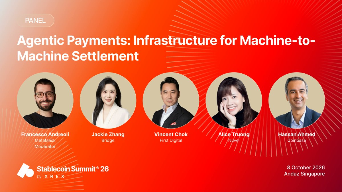stblcnsummit's tweet photo. Which agentic stablecoin payments already fit real enterprise workflows, and how does sub-cent, high-frequency volume reshape fee models built for humans? What happens to counterparty risk, settlement finality, and reconciliation when both sides of a transaction act autonomously?

On stage:
Hassan Ahmed, @coinbase
Alice Truong, @Nuvei
@vchok, @FirstDigitalHQ
@agaperste, @Stablecoin

Moderator:
@francescoswiss, @MetaMask

Stablecoin Summit Singapore. 8 October · https://t.co/8GzzWSnsmH