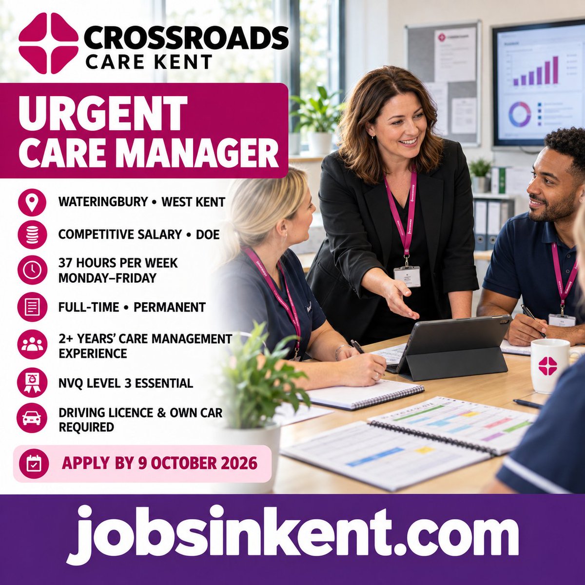JobsInKentcom's tweet photo. Urgent Care Manager

📍 Wateringbury
💷 Competitive DOE
🕒 37 hours, Mon–Fri
📄 Permanent

NVQ Level 3 and 2+ years’ health/social-care management experience required. Own car essential.

Closes 9 October:
https://t.co/GLS1P1EWgV

#KentJobs https://t.co/zE7mrnZ08A