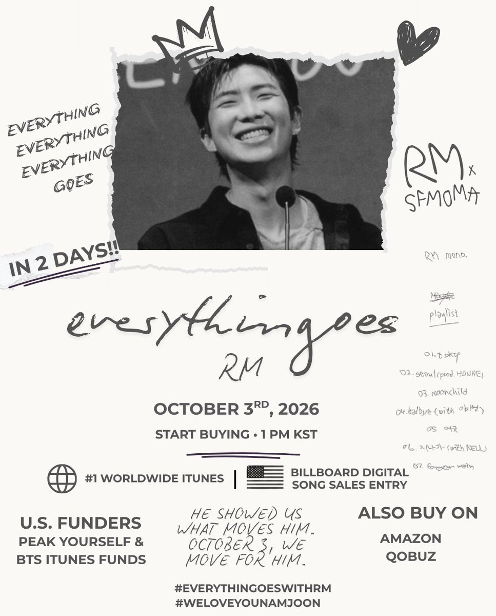 nicolegotnojams's tweet photo. That smile. 🥹 Let’s give him another reason for it.

In TWO DAYS, ARMY takes everythingoes back to the charts.

🗓️ OCT 3
⏰ 1 PM KST
🌎 #1 Worldwide iTunes
🇺🇸 Billboard Digital Song Sales

Don’t let this one get lost in the noise.

#everythingoesWithRM https://t.co/3FJMME7Zgt
