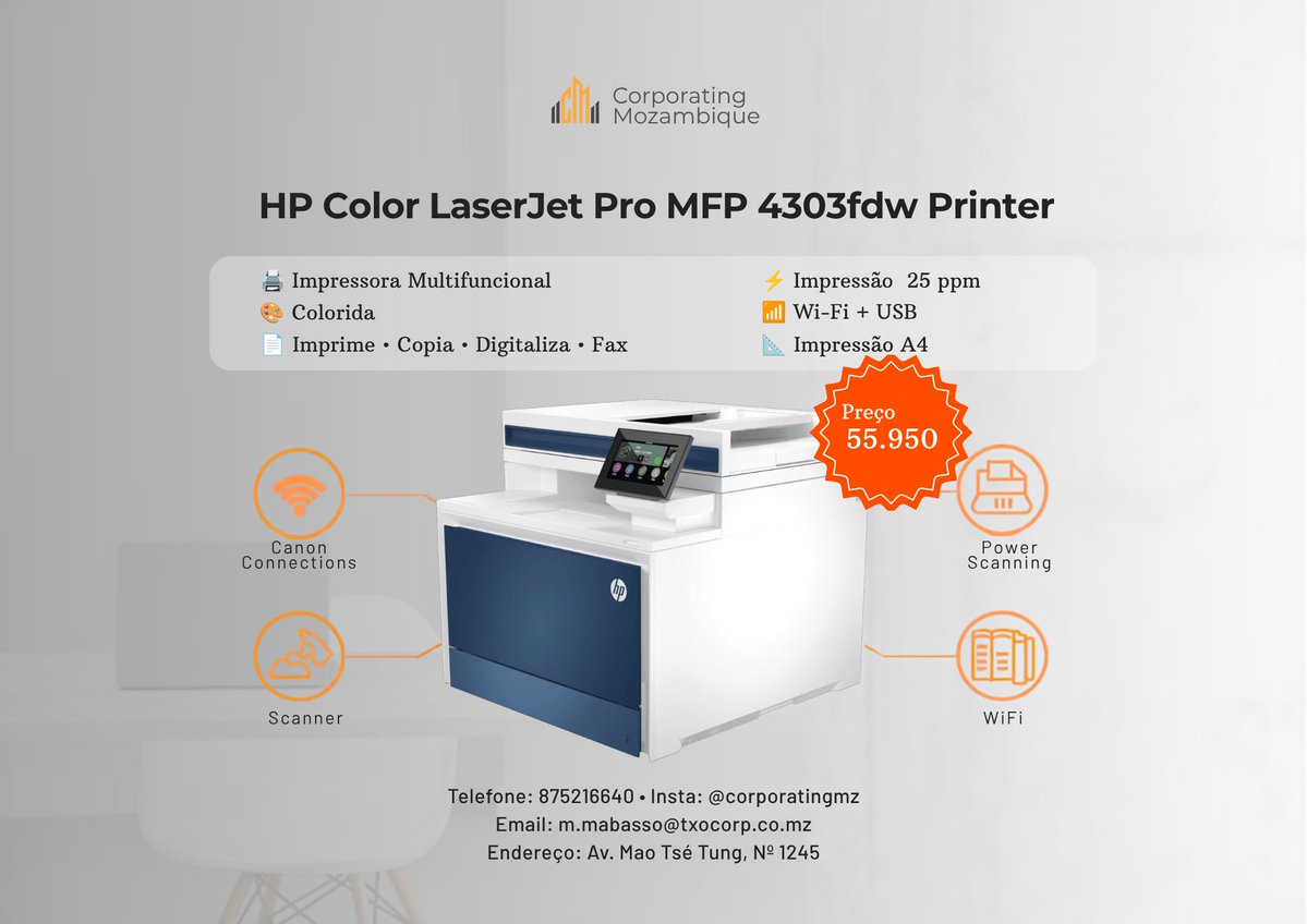 CorporatingMz's tweet photo. 🖨️ HP Color LaserJet Pro MFP 4303fdw
Multifuncional laser topo de gama! 💪
✅ Colorida
⚡ 25 ppm
📶 Wi-Fi + USB
🔍 Imprime • Copia • Digitaliza • Fax
💰 55.950 MT
🖋️ Toner: HP 216A
📍 Av. Mao Tsé Tung, Nº 1245 | 📞 875216640 | 📸 @corporatingmz https://t.co/uOtvWjTPEG