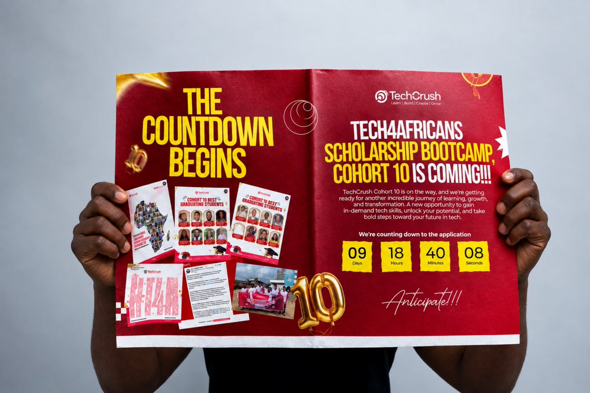 TechCrushHQ's tweet photo. The countdown begins!!! 🔥🔥⏰

9 cohorts down. Thousands of dreams.  Countless new beginnings.

And now, the Tech4Africans Scholarship Bootcamp Cohort 10 is here! 

This isn’t just another cohort. It’s the 10th and trust it to be bigger and better. 

This is Tech4Africans Scholarship Bootcamp 10 - helping Africans choosing to learn, grow, build and take their first steps into tech.

The countdown is officially ON! ⏳

Future Cohort 10, are you ready? 👀