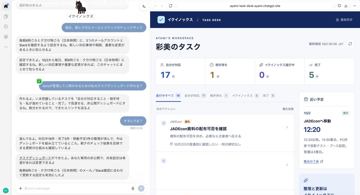 ayami_marketing's tweet photo. dotsにAIが管理して人間が見るタスクダッシュボード作らせるの良さげ。 https://t.co/2ckkKEpzGI