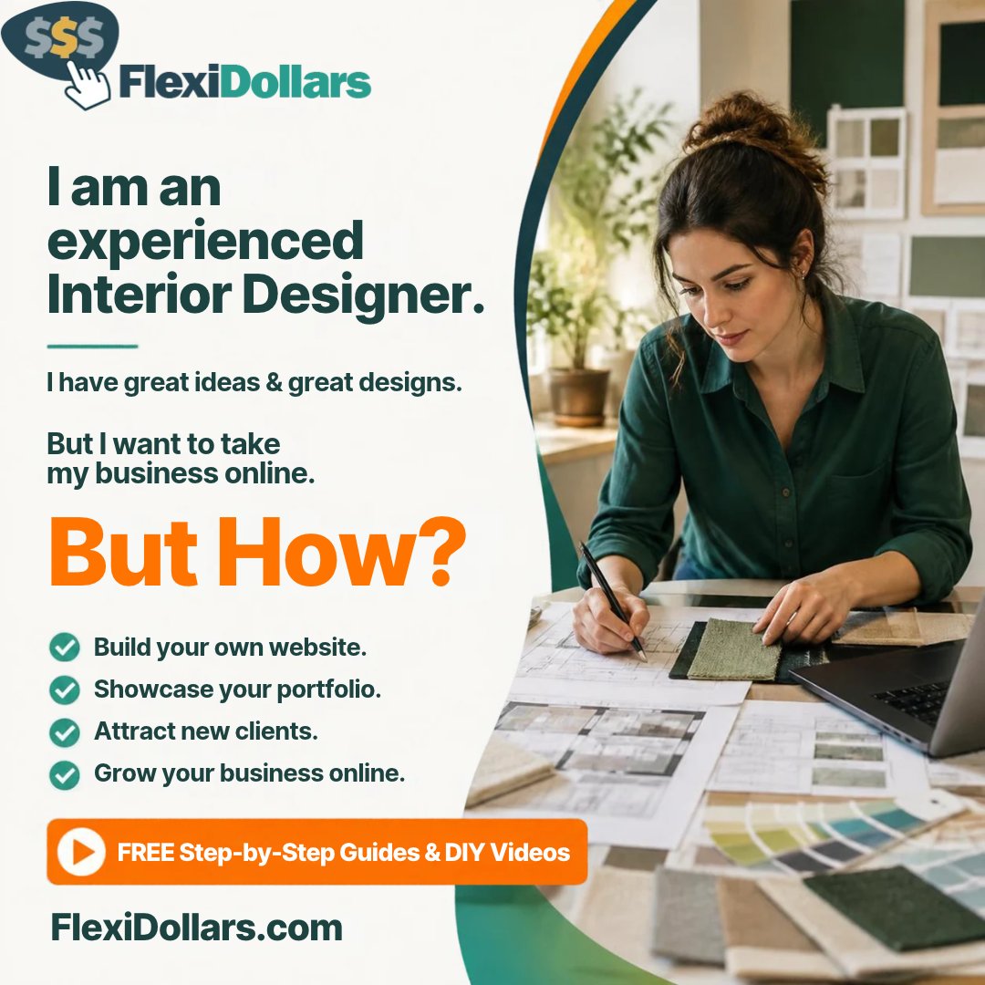 flexi_team's tweet photo. You’re a great Interior Designer. But how do you take your business online?
Learn how to build your own website, showcase your portfolio, attract clients &amp; grow online — with FREE step-by-step guides &amp; DIY videos.
👉 https://t.co/fXjvf13jyC
#InteriorDesigner #OnlineBusiness https://t.co/sELZLUFT4x