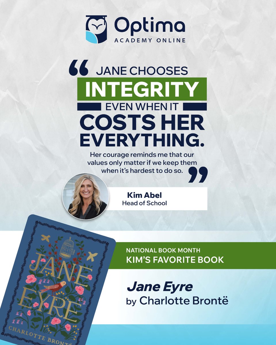 OptimaVR's tweet photo. 📚 October is National Book Month! Every Thursday, we’re highlighting a favorite book from the leaders who shape OAO’s academic experience and culture.

First up: Head of School Dr. Kim Abel and Jane Eyre by Charlotte Brontë, a story she values for its message of courage and integrity. 📖

#NationalBookMonth #K12Education #OnlineSchool #OnlineLearning #VirtualSchool