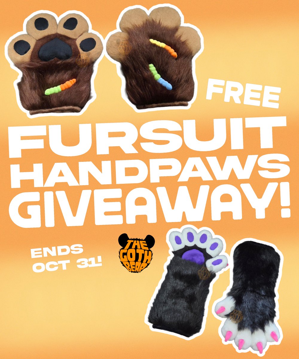 TheGothBear's tweet photo. Hi! This month I'm celebrating 10 years of me making fursuits, so one of the things I'm doing is a free CUSTOM handpaw giveaway (either 4-finger, 5-finger, or hooves)! Ends Oct 31st, 11:59pm EST. Good luck!

HOW TO ENTER
☆Follow, RT this, and tag someone in the replies! 
(1/3) https://t.co/CuJvlFjzsY