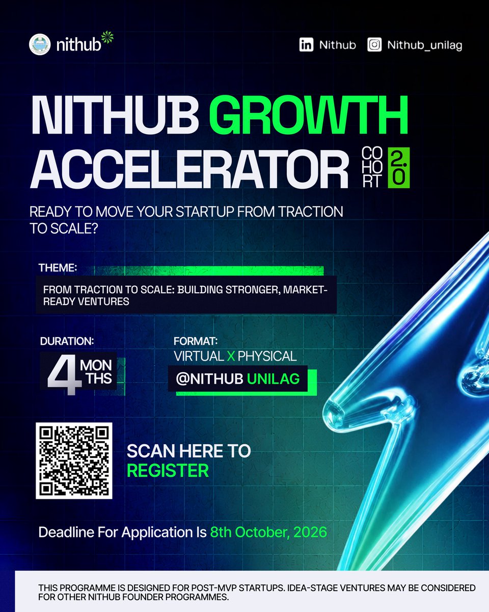 nithub_lag's tweet photo. The Nithub Growth Accelerator is back for Cohort 2.0, and applications are now open for post-MVP startups ready to build beyond their current traction.

Application deadline: 8 October 2026.

Apply here: https://t.co/dDZQ0rgsYi https://t.co/33egMZtHgs