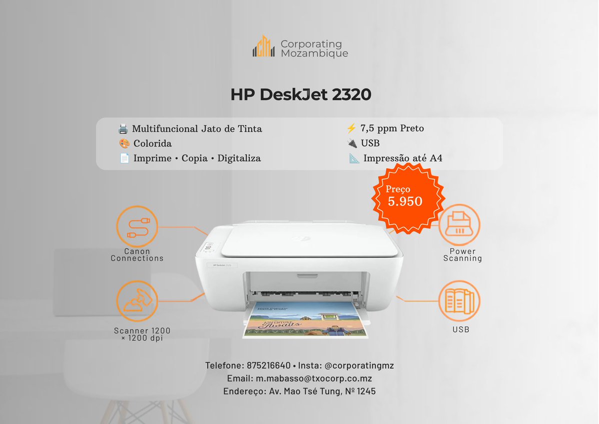 CorporatingMz's tweet photo. 🖨️ HP DeskJet 2320
Compacta e ideal para uso doméstico! 💪
✅ Colorida
⚡ 7,5 ppm Preto
📶 USB
🔍 Scanner 1200×1200 dpi
💰 5.950 MT
🖋️ Tinta: HP 682
📍 Av. Mao Tsé Tung, Nº 1245 | 📞 875216640 | 📸 @corporatingmz https://t.co/HAGIGeY2C7