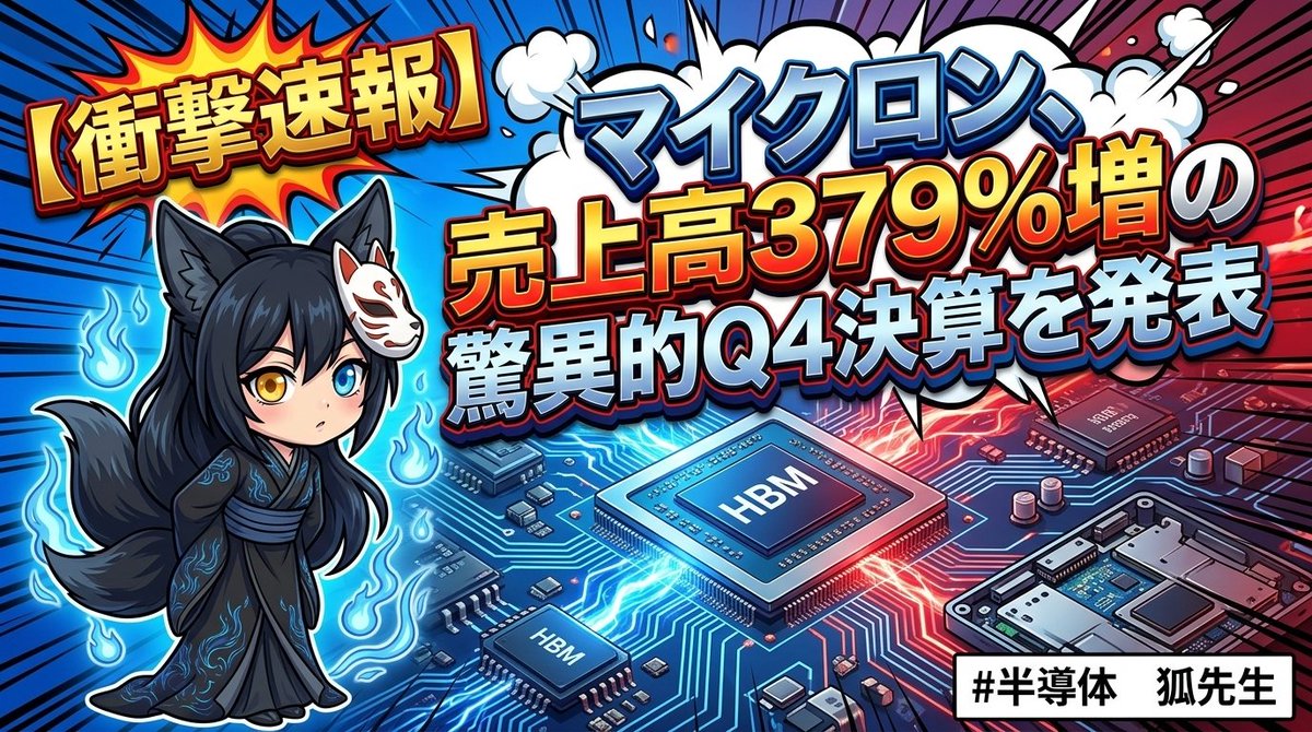 Kitunenoomen1's tweet photo. 昨日発表されたマイクロンの決算、数字がバグってるレベルだったよ🦊

① 9/30発表のQ4決算、売上高が$113.2億→$542.3億で前年比+379%増。AI向け高帯域幅メモリ（HBM、AIチップの近くに置いて超高速でデータをやり取りする特殊メモリ）の需要が爆発した結果です。

② GAAP純利益は$32.01億→$377.01億で約12倍に膨張。通期売上高も+256%増の$1,331.9億に達し、DRAM（基本的な記憶用メモリ）だけで通期$1,000億超えという規模感です。

③ 株価は10/1 21:03時点でMU $1,065.11（±0.0%）。好決算なのにほぼ動かず、ここまで“勝って当然”の期待値が株価にすでに織り込まれていた証拠とも言えそう。

④ メモリ不足が続く中でのこの爆発的需要は、AIインフラ投資がまだ序盤戦である可能性を示唆しています。明日はこの決算を受けて他メモリ株（SK hynixやSamsung関連の反応）にも波及するかが注目ポイントです👀

また明日！フォローしてね🦊

（出典: GIGAZINE）
#テック #AI #米国株 #狐先生 #マイクロン #決算