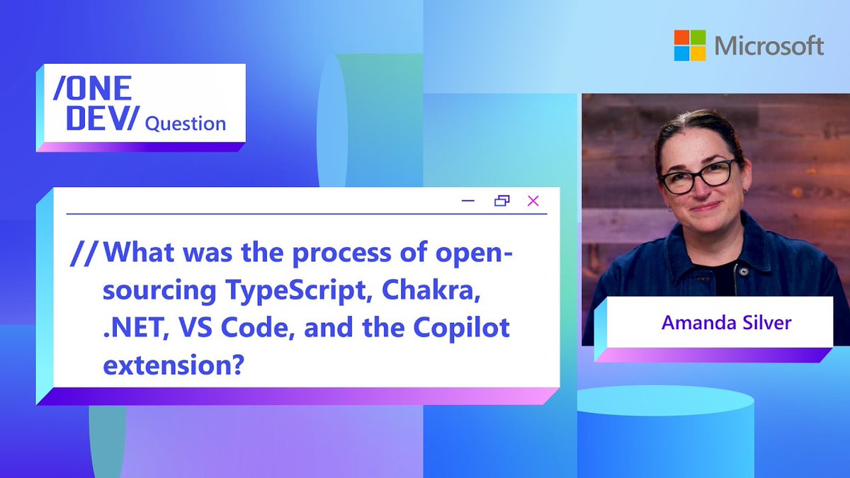 aspnet's tweet photo. In today's One Dev Question, Amanda Silver shares Microsoft's open source journey, from early #ASPNET support for jQuery to open-sourcing TypeScript, Chakra, .NET, and Visual Studio Code. She reflects on the cultural (cont) https://t.co/yBo4xYRkiF https://t.co/fyaBCPHZMF