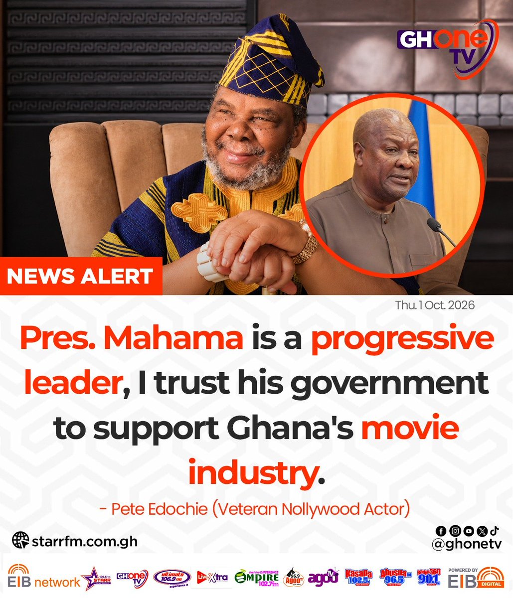 ghonetv's tweet photo. Pres. Mahama is a progressive leader, I trust his government to support Ghana's movie industry... - Pete Edochie (Veteran Nollywood Actor)

#EIBNetwork #GHOneTV
#GHOneNews #NewsAlert https://t.co/tAZSiAr0NI