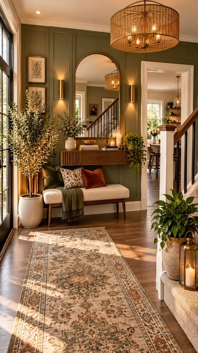 aurearch's tweet photo. A serene entryway design shaped by the diffused light of wicker lighting, the fresh energy of an olive tree, and candlelight. https://t.co/wxFfpi6EJJ
