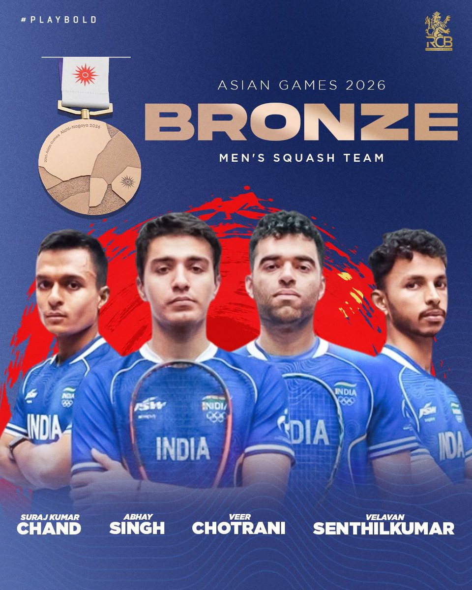 RCBTweets's tweet photo. 🥉 𝗩𝗲𝗹𝗮𝘃𝗮𝗻 𝗦𝗲𝗻𝘁𝗵𝗶𝗹𝗸𝘂𝗺𝗮𝗿, 𝗩𝗲𝗲𝗿 𝗖𝗵𝗼𝘁𝗿𝗮𝗻𝗶, 𝗔𝗯𝗵𝗮𝘆 𝗦𝗶𝗻𝗴𝗵 &amp; 𝗦𝘂𝗿𝗮𝗷 𝗞𝘂𝗺𝗮𝗿 𝗖𝗵𝗮𝗻𝗱 team up for bronze in the Men's Squash Team event. 👊 https://t.co/2de8VljNWW