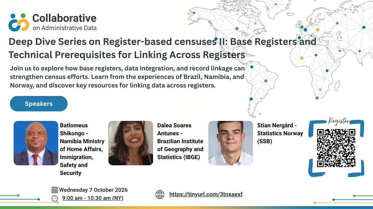 UNStats's tweet photo. 📊 Interested in register-based censuses? Join our webinar on Base Registers and Technical Prerequisites for Linking Across Registers and learn from experiences in Norway, Brazil &amp; Namibia.

📅 7 October 2026 | 🕘 9:00 AM NY time
🌍 EN | FR | ES
https://t.co/wwzmLqXvni https://t.co/h8CUB6rmVT