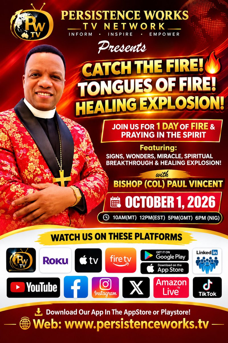 BishopColPaul's tweet photo. CATCH THE FIRE! TONGUES OF FIRE 
PERSISTENCE WORKS ONLINE PRAYER
WITH: BISHOP (COL) PAUL VINCENT 

Friends, Watch Today’s Edition - Episode 773 - OCTOBER 1ST & Receive The WORD & Powerful PROPHETIC PRAYERS & Expect Your Miracle! … Persistence Works Online Prayer - Is a Daily Global Online Prayer that airs on PWTN: On All Connected TV Platforms Reaching Over 200 Million Potential Viewers) On Our Android & iPhone Apps & Distributed On YouTube, FB, X & 20 Platforms - All With Combined Reach of Over 500,000 ... For More Info Or To SOW a SEED Online Thru PayPal, Zelle Or Cashapp: 

Visit:  https://t.co/MCWGUmQnUm