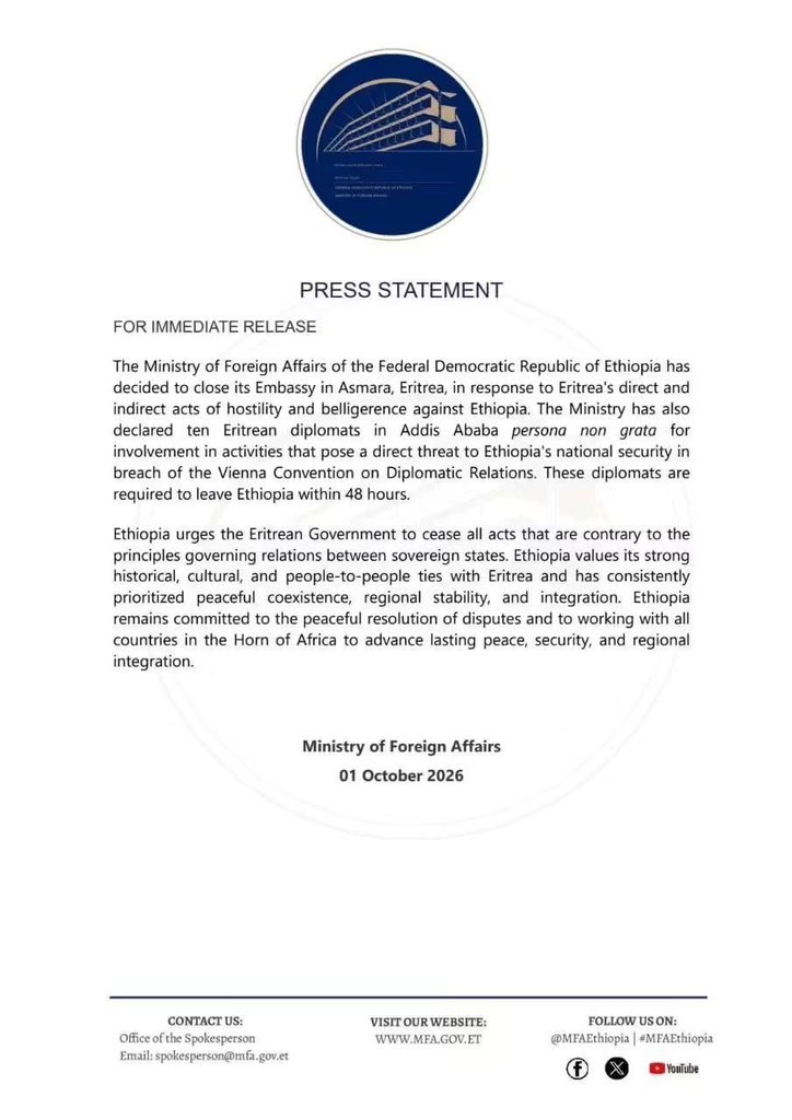Jawar_Mohammed's tweet photo. Yesterday I asked what relations between Addis Ababa and Asmara might look like if Mekelle falls. We may already be getting part of the answer. Ethiopia has decided to close its embassy in Asmara and declared ten Eritrean diplomats persona non grata, marking a serious deterioration in relations between the two governments.

Looking at the pattern we have been witnessing, the conflict is increasingly acquiring a regional dimension. The growing tension between Addis Ababa and Asmara is becoming more closely connected to the war in Tigray, although the extent and nature of that connection still need to be established clearly.

The question now is what tangible evidence the Ethiopian government can present to substantiate its claims of Eritrean involvement. 

That evidence will be important for understanding both the current escalation and where relations between the two states may be heading.

The direction nevertheless deserves close attention. What began as another war centred in northern Ethiopia is increasingly intersecting with the wider Ethiopia–Eritrea confrontation, raising the risk of a broader regional crisis.