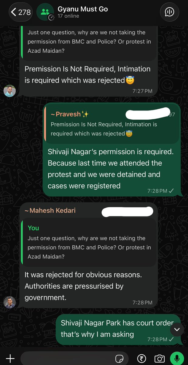 SunainaHoley's tweet photo. CJP Shivaji Park Protest Exposed:

They are misleading people and especially students.. CJP is using students for their benefit and pushing them to take the law in their hands. You don’t care about their future at all. You can’t even address the valid concerns and questions..

You talk about Democracy and Dictatorship @abhijeet_dipke @SauravDassss @AshutoshRanka right..

Look what you all do when asked a simple question about permission for Shivaji Park.. 
Whoever is that Dr Riaz Pathan he told me not to chat in the group and deleted all the comments and removed me from that group.. Fattu sala 🤡

Dipke lied in his PC saying they have applied for permission.. But you haven’t.. 

Answer my question now.. 
If you have balls Dipke..

@CPMumbaiPolice @DevenBhartiIPS @MumbaiPolice
