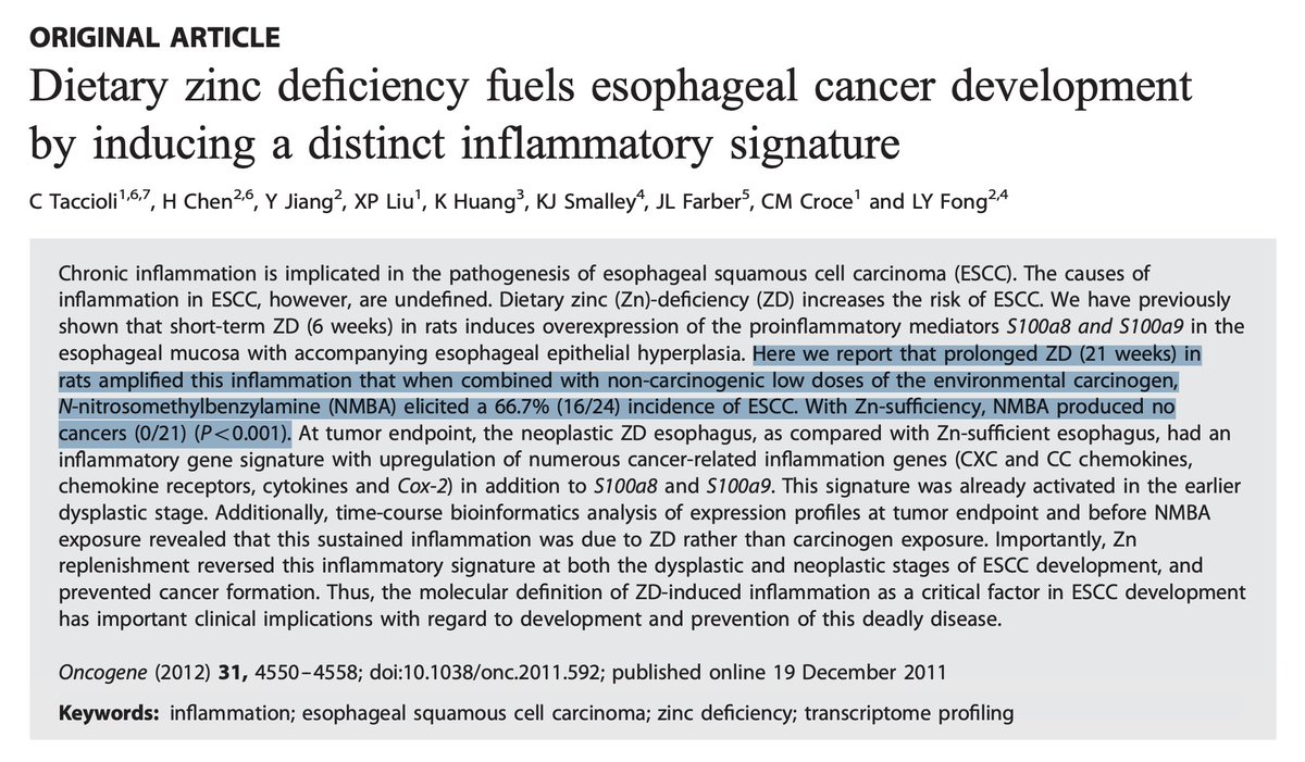 Outdoctrination's tweet photo. Zinc deficiency caused cancer in 67% - high zinc diet in 0% of animals in this fascinating article.

Sufficient dietary zinc made them highly resistant to carcinogens.

Zinc deficiency led to increases in literally 100+ genes involved in the immune response.

To think 2 oysters could prevent this...