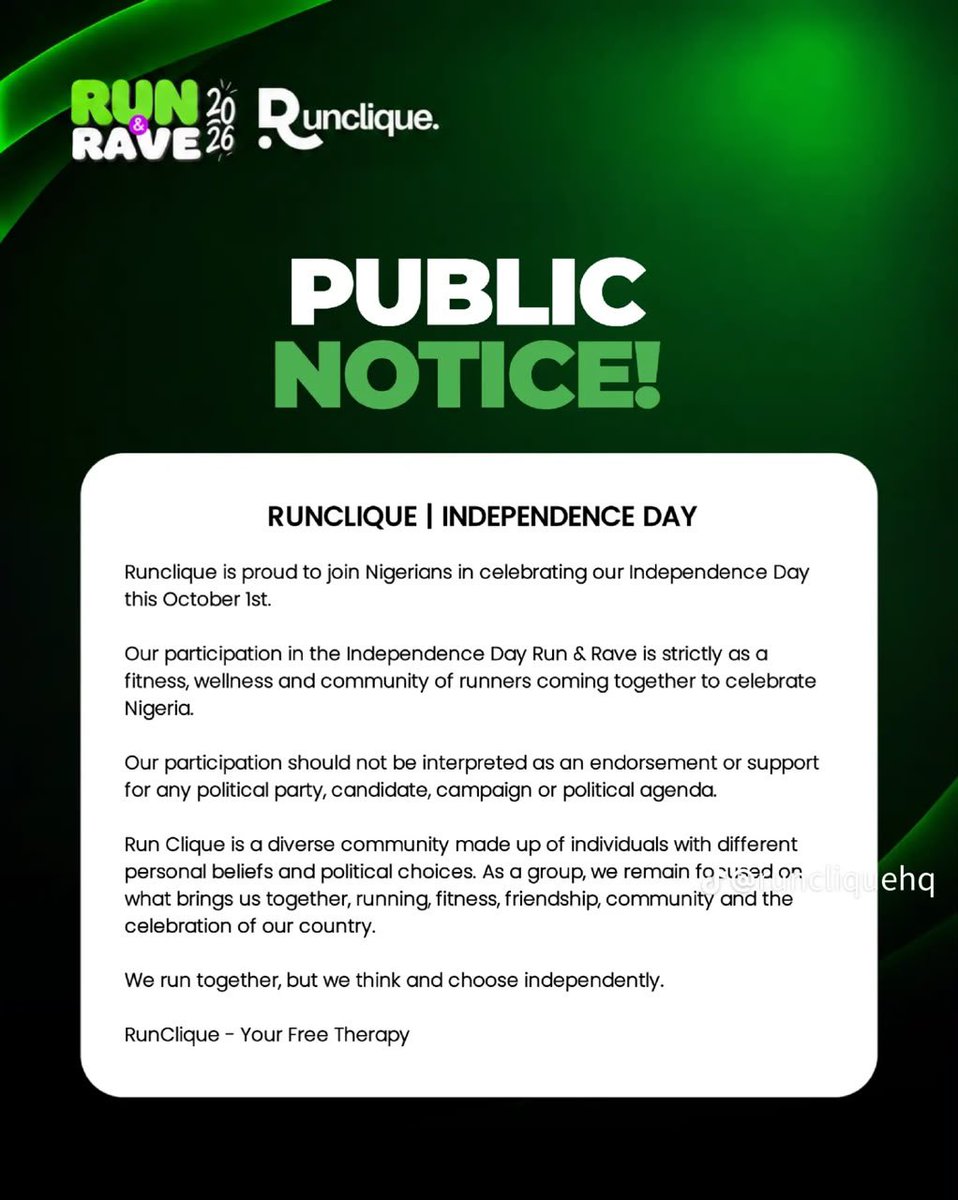 GovvmentJ's tweet photo. RUNCLIQUE came out to celebrate Nigeria’s Independence by doing what we know best—running! 🇳🇬🏃🏾♂️
We are not, and will never be, a political support group.
Though some people misunderstood and attempted infiltrate the movement, we stood firm and came out successful.
#RunCliqueHq https://t.co/vIDeVN9CpW