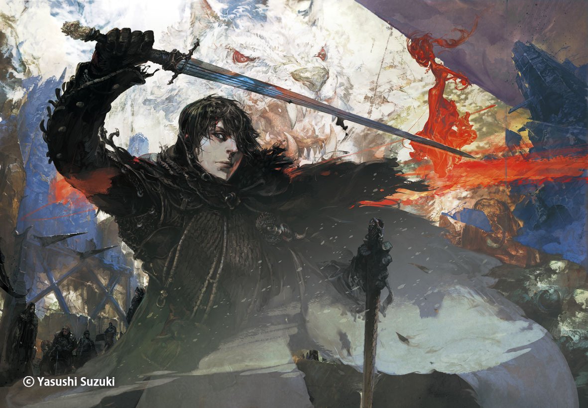 1Cr0ww's tweet photo. Jon Snow &amp; Ghost in the Japanese cover of A Dance with Dragons · illustrated by Yasushi Suzuki https://t.co/i5b1k5FioF